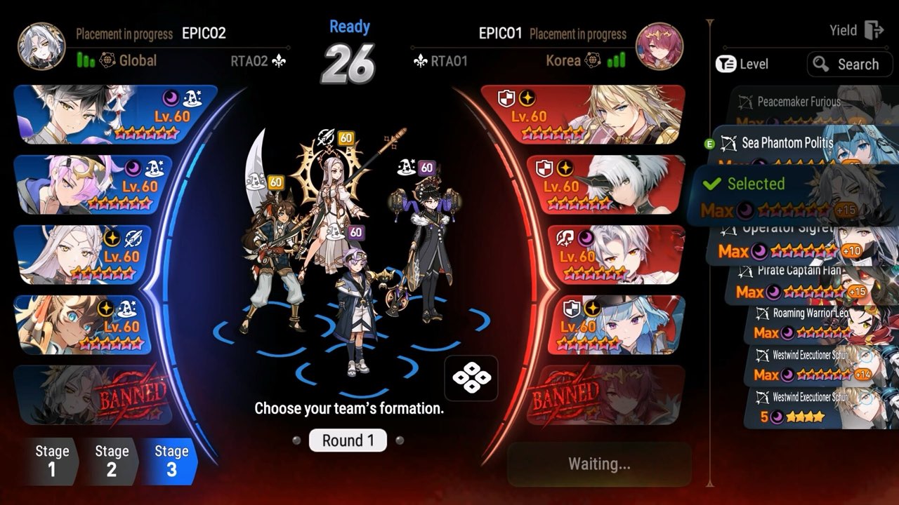 The Epic Seven World Arena draft screen with picks and bans