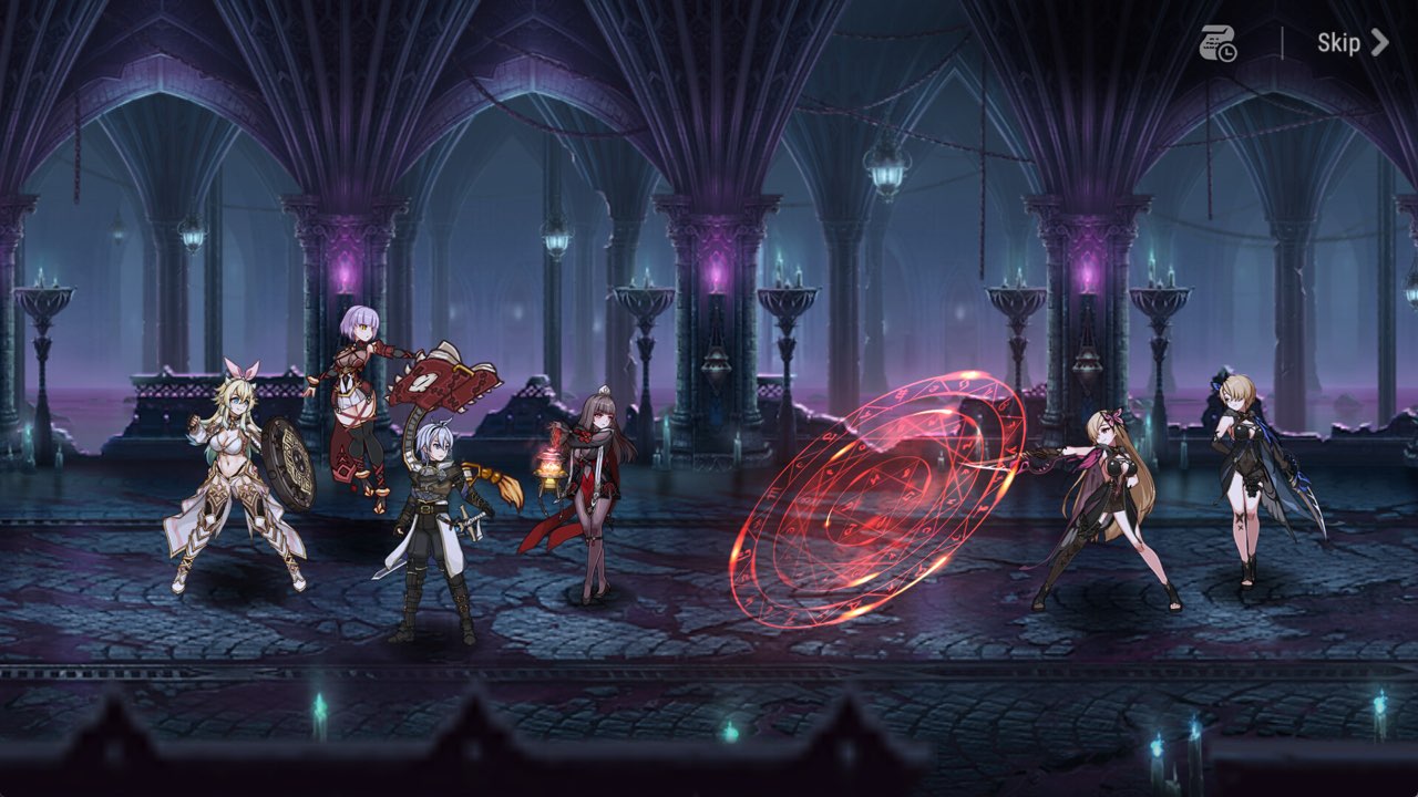 A party of Epic Seven heroes lined up for battle in a gothic hall